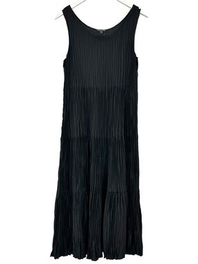 NWOT Eileen Fisher Crushed Silk Tiered Black Pleated Miyake Style Midi Dress